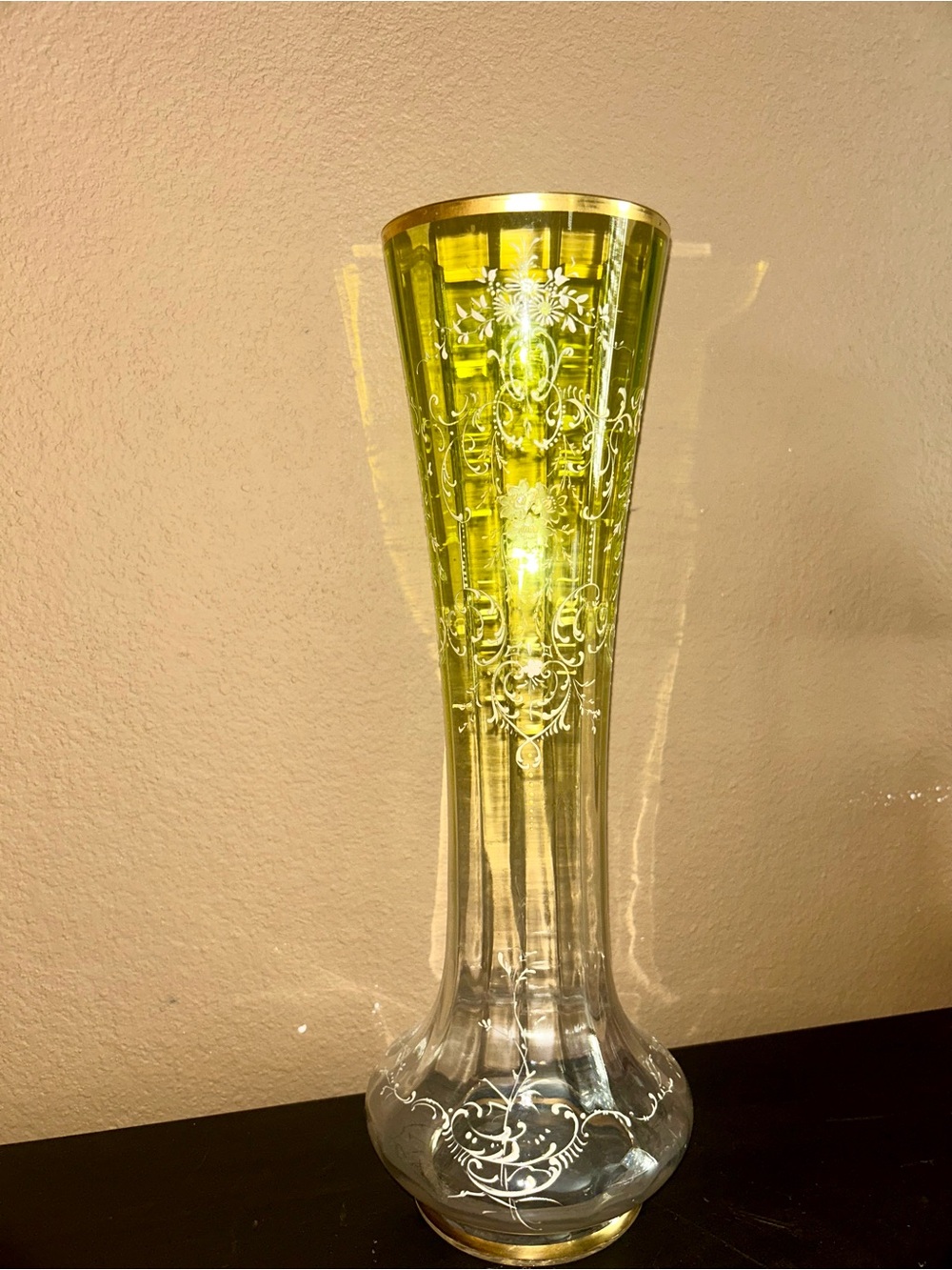 vintage Bohemian enameled glass trumpet vase in a vibrant chartreuse green hue